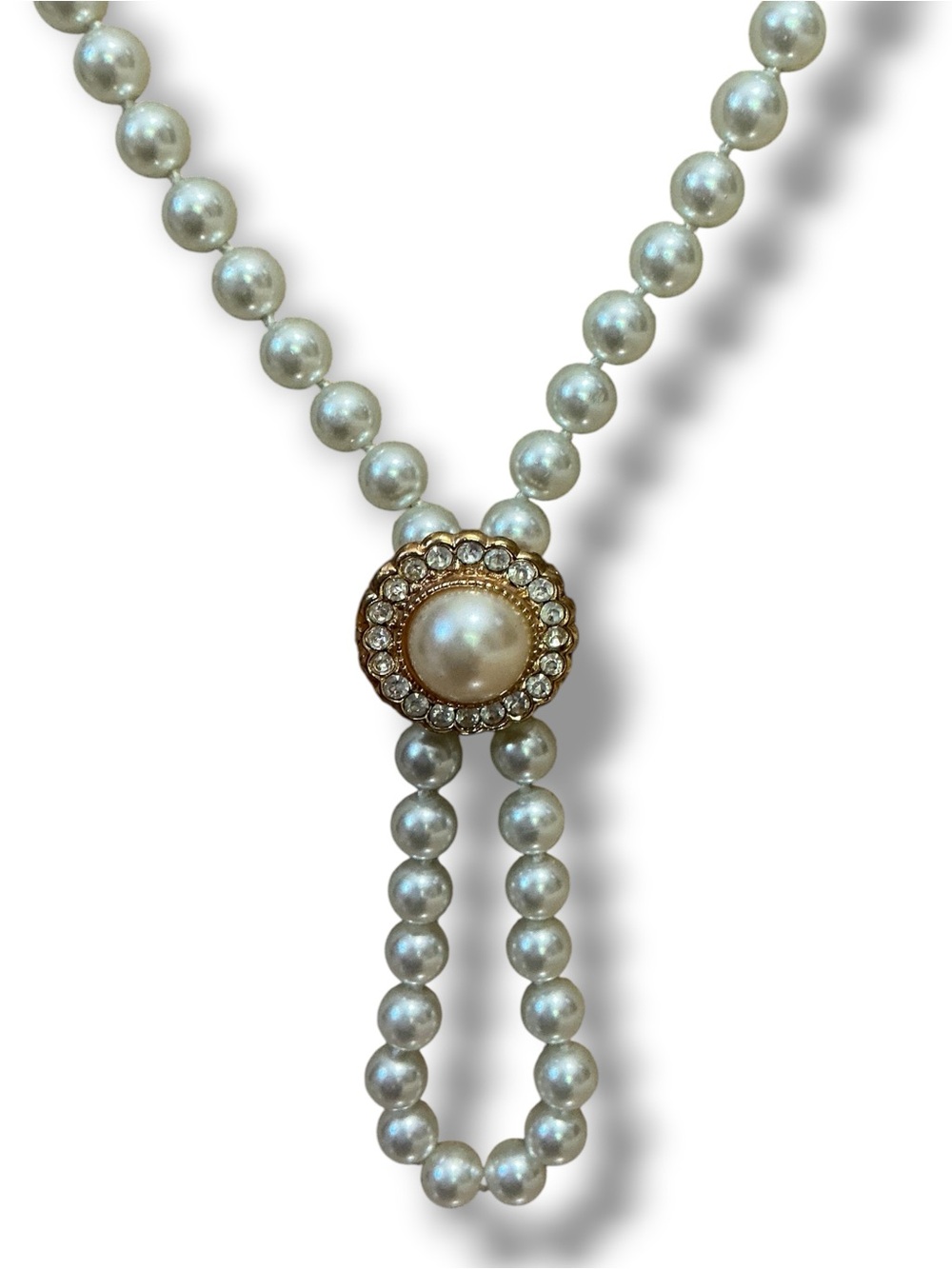 Classic Pearl Lariat Necklace with Gold-Tone Rhinestone Accent Enhancer Pendant - Picture 2 of 10